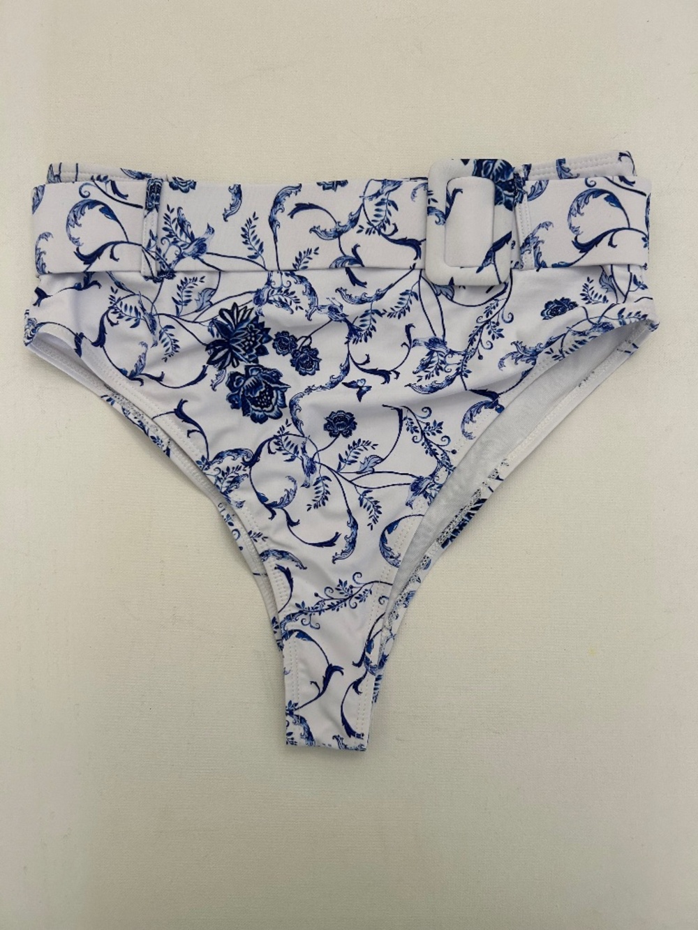 Super High Cut Mock Belt Bathing Suit Bottom White w/Dk Blue Design Sz Medium